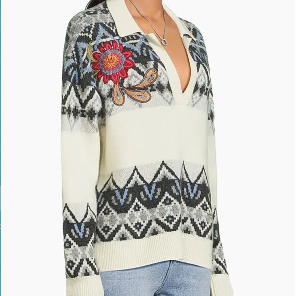 Johnny Was Fairisle Polo Embroidered Wool Cashmere Sweater Sezana L NWT $398 - Picture 2 of 3